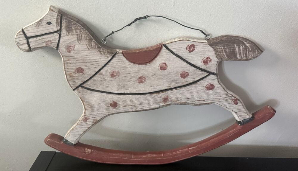 Vintage Country Wood Hand Painted Rocking Horse Wall Hanging Decor Cottage Folk